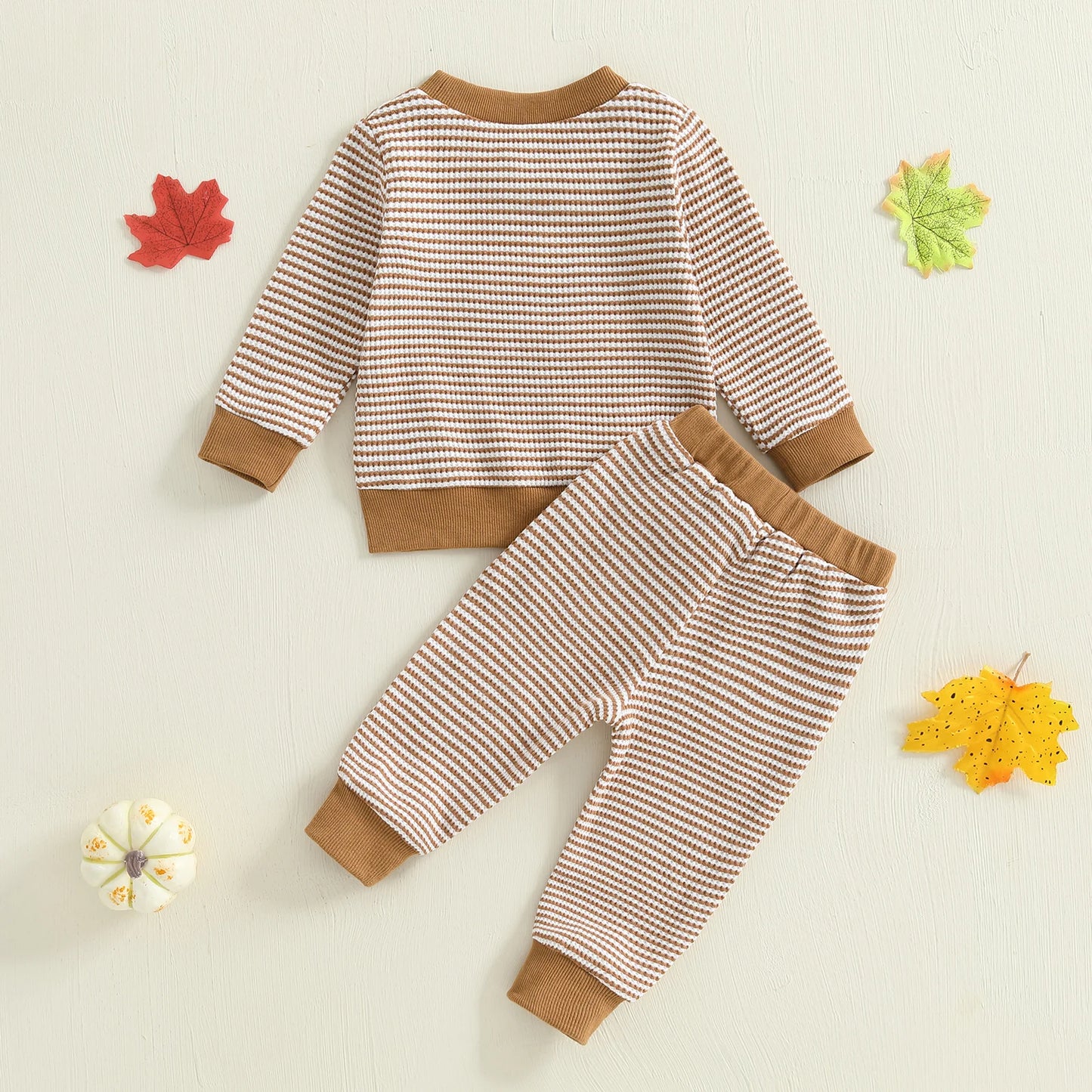 Baby Girl Thanksgiving Outfit Set – Turkey Embroidery Striped Long Sleeve Sweatshirt & Pants – Infant Toddler Fall Clothes