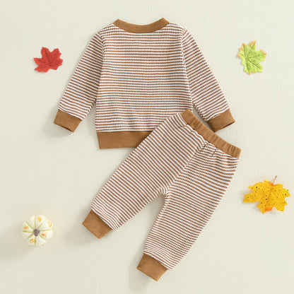 Baby Girl Thanksgiving Outfit Set – Turkey Embroidery Striped Long Sleeve Sweatshirt & Pants – Infant Toddler Fall Clothes