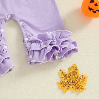 Baby Girl Halloween Outfit Set – Pumpkin & Ghost Embroidery Ruffle Romper with Striped Sleeves + Headband – Infant Toddler Fall Clothes