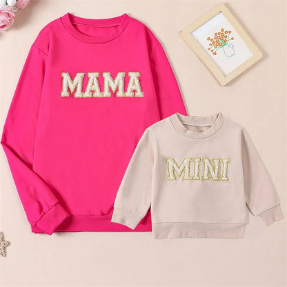 Mama and Mini Matching Outfits Letter Embroidery Long Sleeve Pullovers Fall Sweatshirt Tops