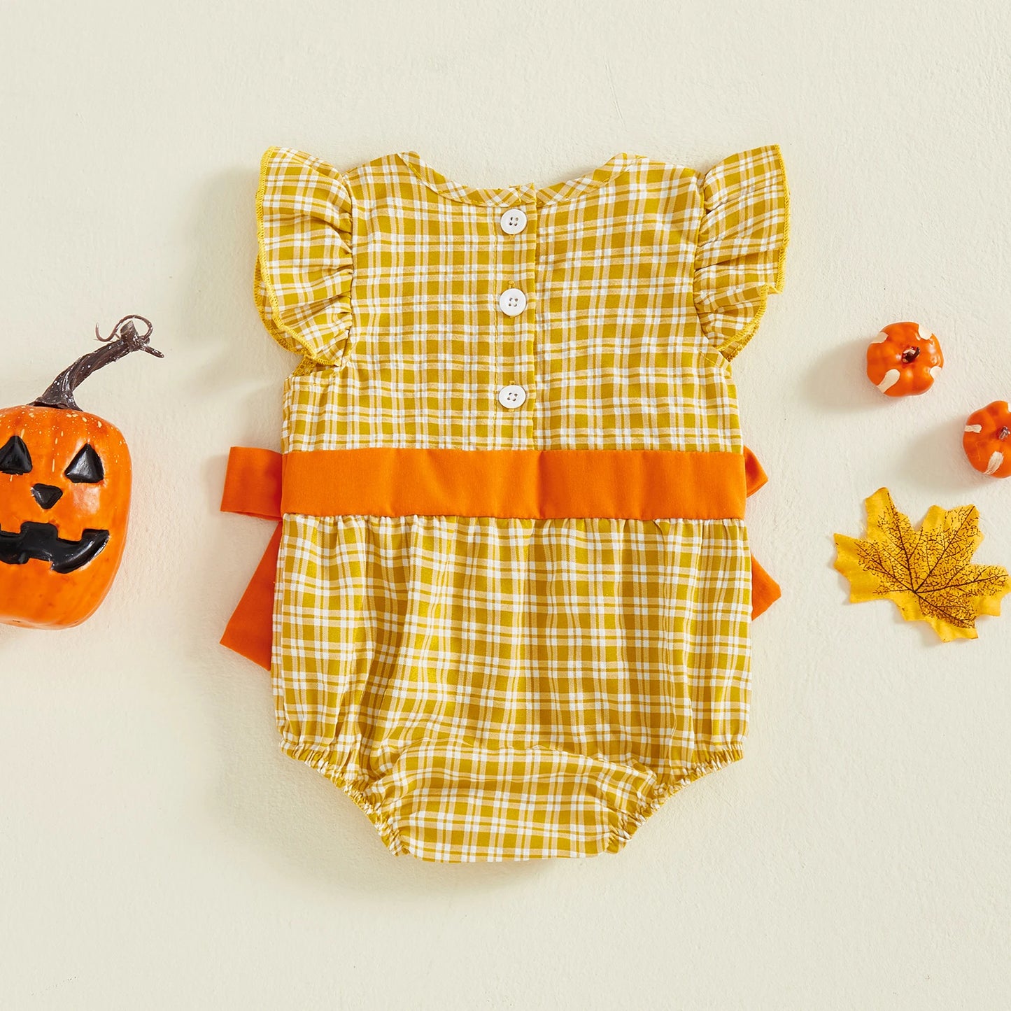 Baby Girl Pumpkin Plaid Romper – Fall/Spring – Infant/Toddler Playsuit