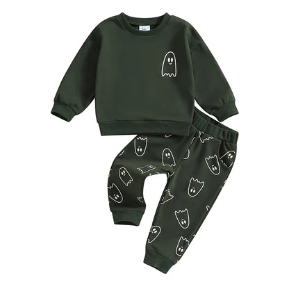 Toddler Girls Boys Fall Outfits Ghost Print Crew Neck Long Sleeve Sweatshirts Long Pants Halloween Outfit