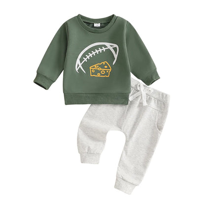 Toddler Baby Boy Football Clothes Set Long Sleeve Rugby Cheese Print Sweatshirt Casual Drawstring Pocket Long Pants