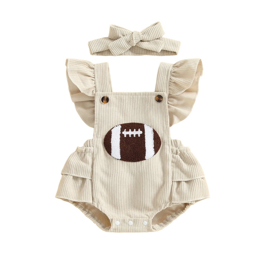 Baby Girl Football Embroidery Romper – Fall/Spring – Bow Bodysuit & Headband Set