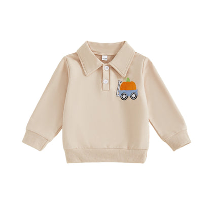 Toddler Baby Boy Pumpkin Lapel Sweatshirt – Halloween/Fall – Long Sleeve Pullover
