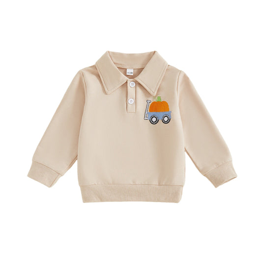 Toddler Baby Boy Pumpkin Lapel Sweatshirt – Halloween/Fall – Long Sleeve Pullover
