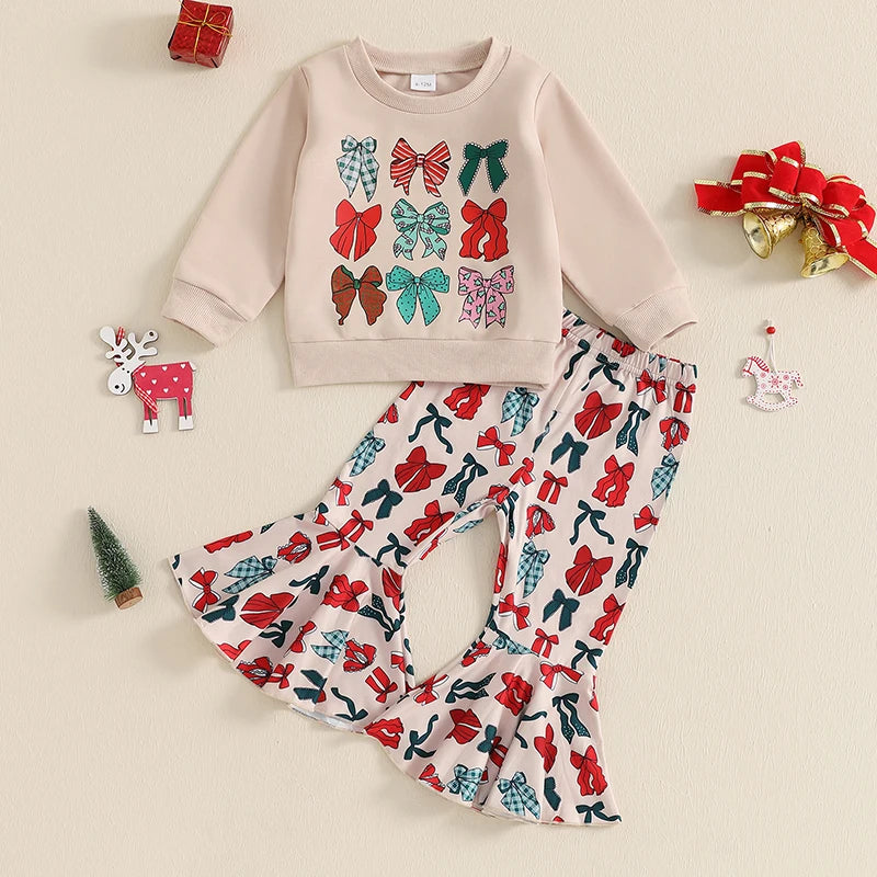 Baby Girl Bow Print Sweatshirt & Flared Pants – Christmas/Winter Outfit – Toddler Set & Holiday Gifts