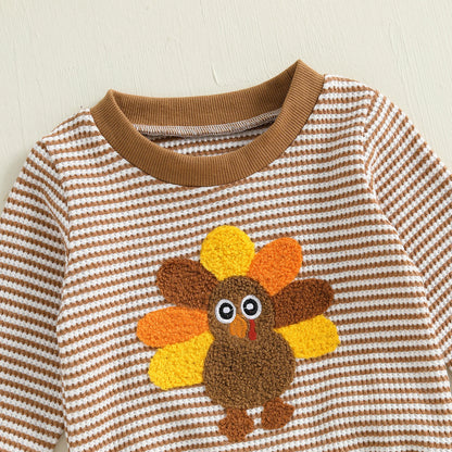 Baby Girl Thanksgiving Outfit Set – Turkey Embroidery Striped Long Sleeve Sweatshirt & Pants – Infant Toddler Fall Clothes