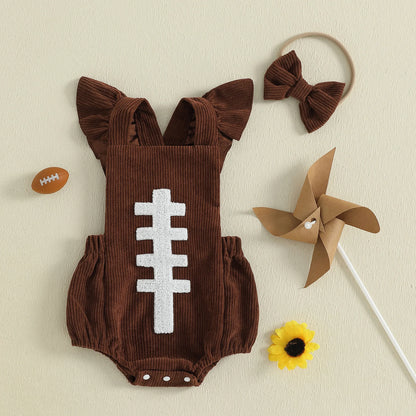 Baby Girl Football Romper & Bow Headband – Fall/Autumn – Sleeveless Outfit Set