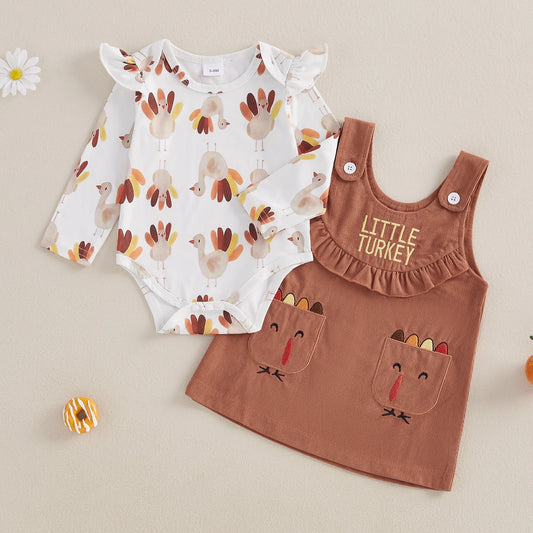 Baby Girl Thanksgiving Turkey Print Outfit – Fall/Autumn – Romper & Dress Set
