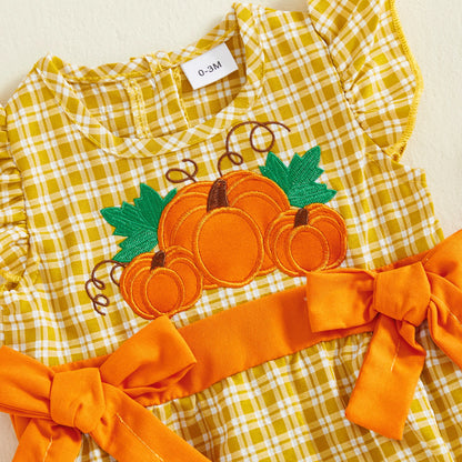 Baby Girl Pumpkin Plaid Romper – Fall/Spring – Infant/Toddler Playsuit