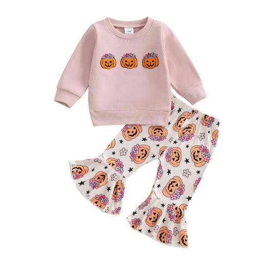 Baby Girl Pumpkin Sweatshirt & Flare Pants – Halloween/Fall – Toddler Outfit Set