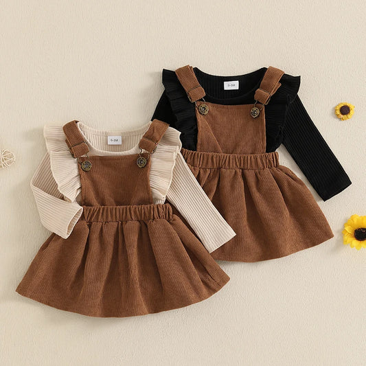 Baby Girl Corduroy Suspender Dress Set – Fall – Ruffle Ribbed Knit Top Outfit