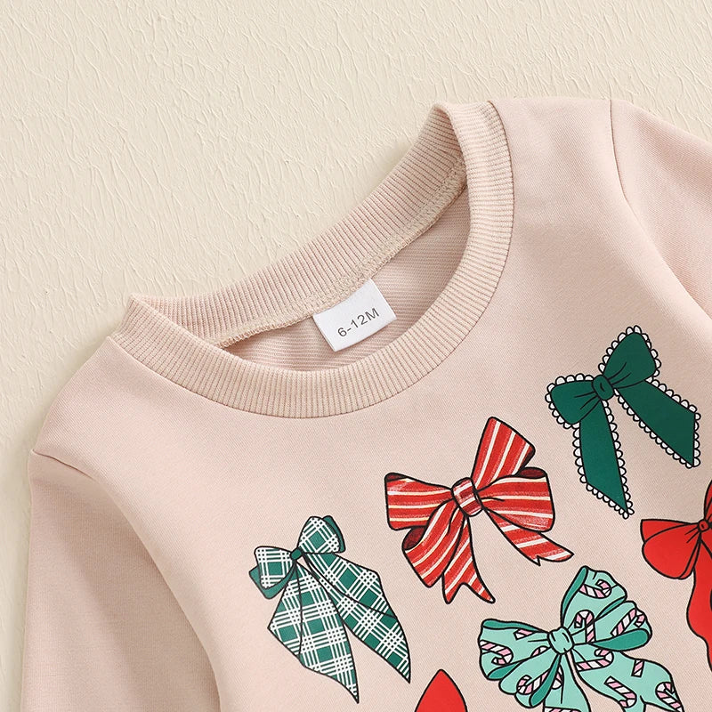 Baby Girl Bow Print Sweatshirt & Flared Pants – Christmas/Winter Outfit – Toddler Set & Holiday Gifts