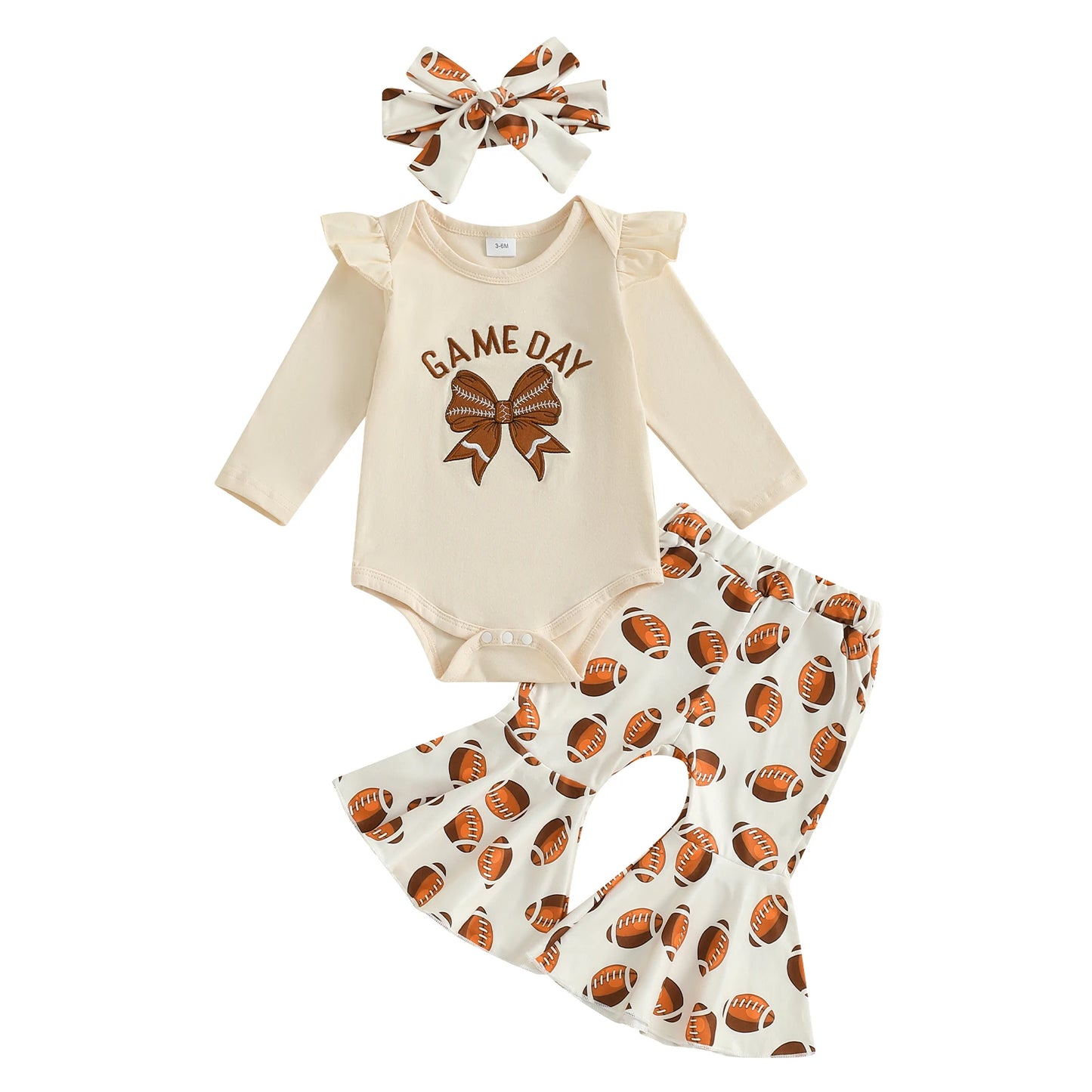 Baby Girl Football Print Romper & Flare Pants – Fall – Toddler Outfit Set