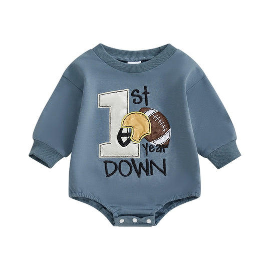 Baby Boy Football Romper – "1st Year Down" Long Sleeve Jumpsuit – Infant Toddler Outfit for Fall, Spring, Baby Shower Gifts