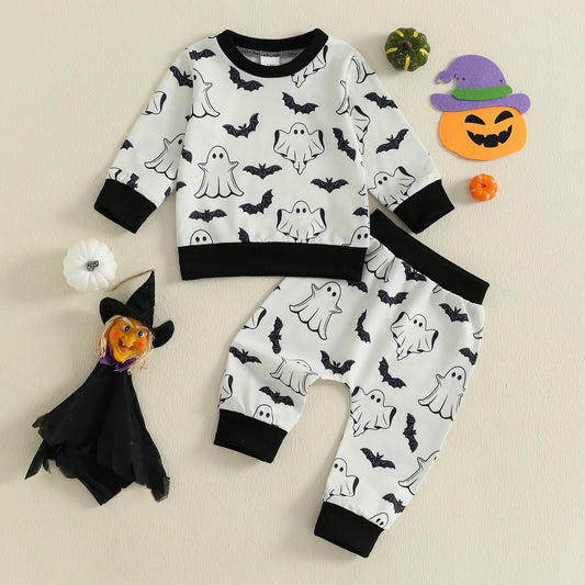 Baby Ghost & Bat Print Outfit – Halloween/Fall – Long Sleeve Sweatshirt & Pants Set