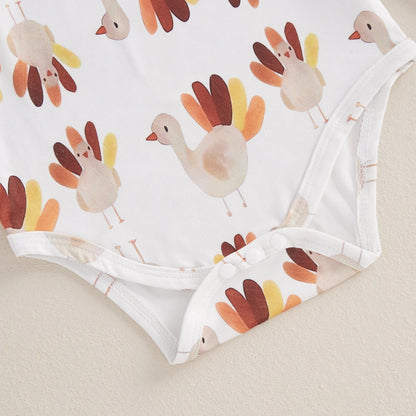 Baby Girl Thanksgiving Turkey Print Outfit – Fall/Autumn – Romper & Dress Set