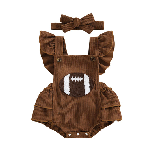 Baby Girl Football Embroidery Romper – Fall/Spring – Bow Bodysuit & Headband Set