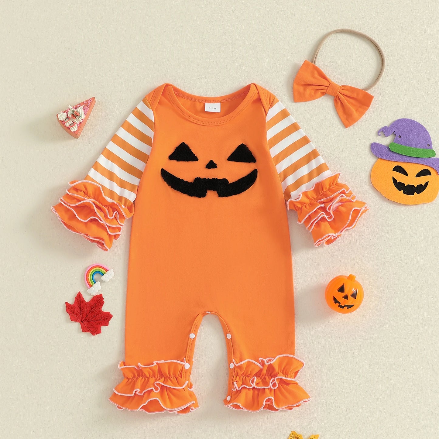 Baby Girl Halloween Outfit Set – Pumpkin & Ghost Embroidery Ruffle Romper with Striped Sleeves + Headband – Infant Toddler Fall Clothes