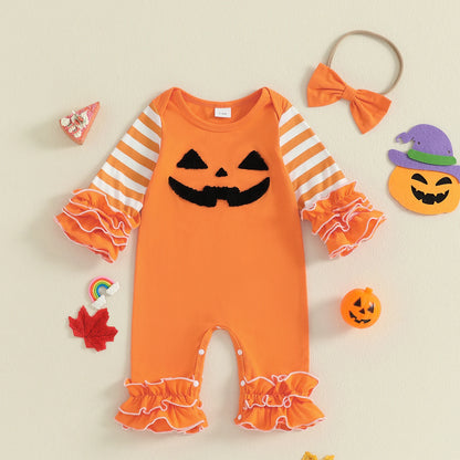 Baby Girl Halloween Outfit Set – Pumpkin & Ghost Embroidery Ruffle Romper with Striped Sleeves + Headband – Infant Toddler Fall Clothes