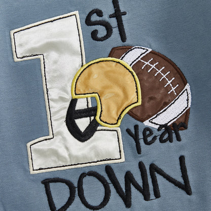 Baby Boy Football Romper – "1st Year Down" Long Sleeve Jumpsuit – Infant Toddler Outfit for Fall, Spring, Baby Shower Gifts