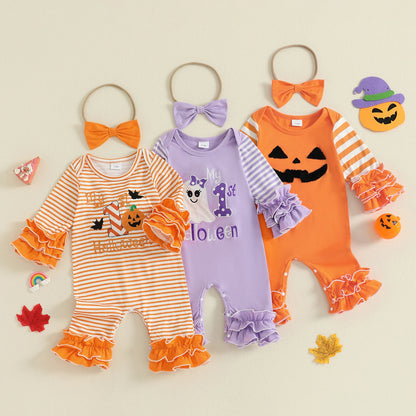 Baby Girl Halloween Outfit Set – Pumpkin & Ghost Embroidery Ruffle Romper with Striped Sleeves + Headband – Infant Toddler Fall Clothes