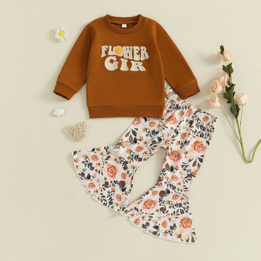 Toddler Girl Floral Bell-Bottom Outfit – Fall – Letter Embroidery Pullover & Pants Set