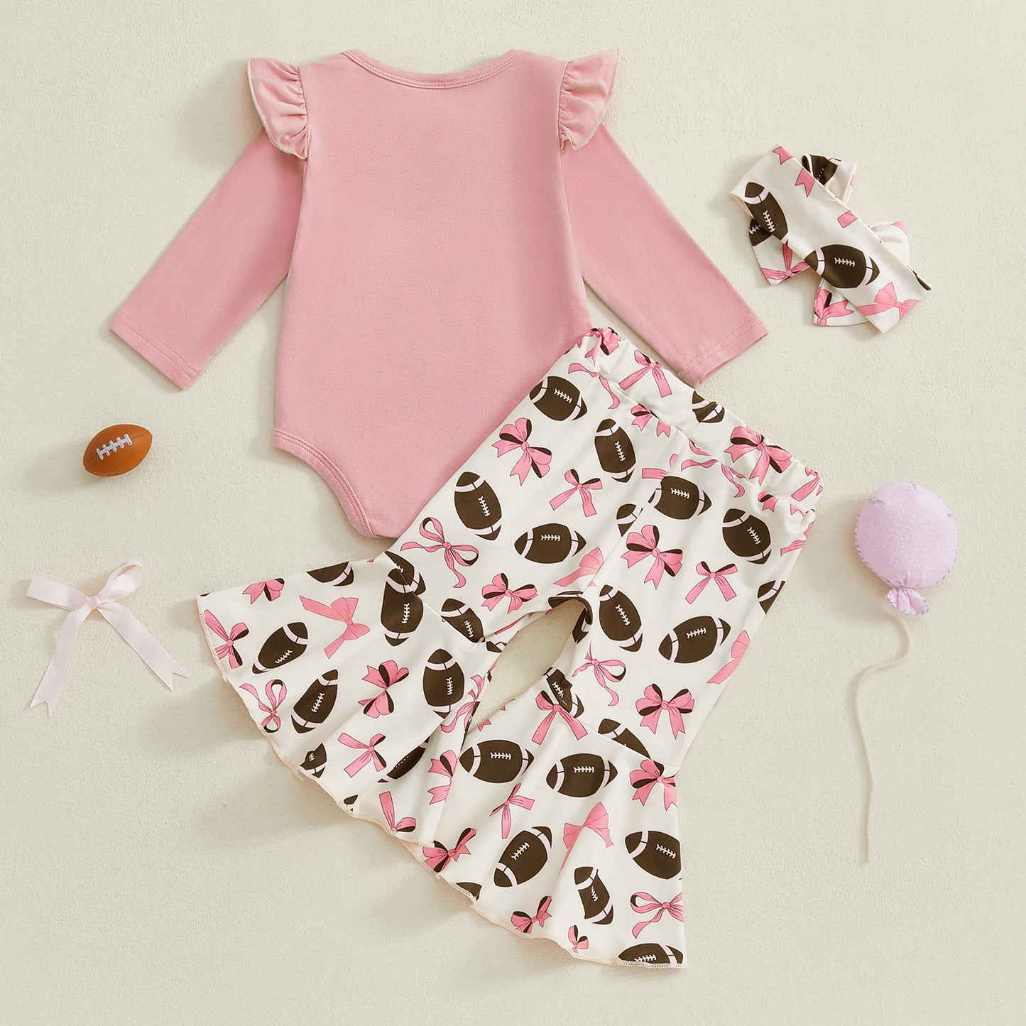 Baby Girl Football Print Romper & Flare Pants – Fall – Toddler Outfit Set