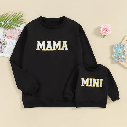 Mama and Mini Matching Outfits Letter Embroidery Long Sleeve Pullovers Fall Sweatshirt Tops