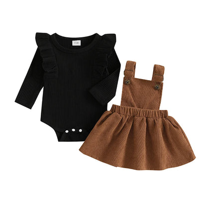 Baby Girl Corduroy Suspender Dress Set – Fall – Ruffle Ribbed Knit Top Outfit