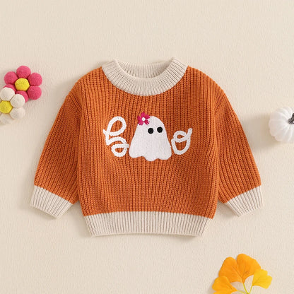 Toddler Baby Halloween Sweaters Long Sleeve Round Neck Ghost/Letter Embroidery Knit Tops Sweatshirts