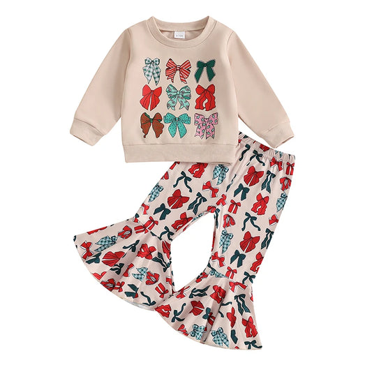 Baby Girl Bow Print Sweatshirt & Flared Pants – Christmas/Winter Outfit – Toddler Set & Holiday Gifts