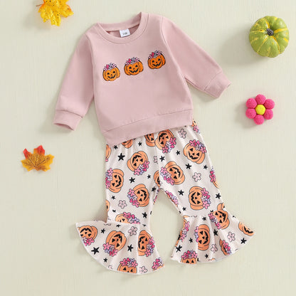 Baby Girl Pumpkin Sweatshirt & Flare Pants – Halloween/Fall – Toddler Outfit Set