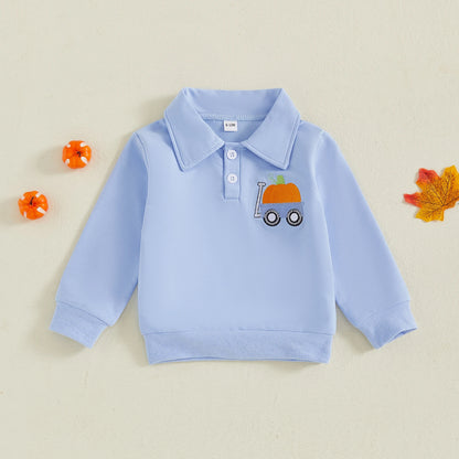 Toddler Baby Boy Pumpkin Lapel Sweatshirt – Halloween/Fall – Long Sleeve Pullover