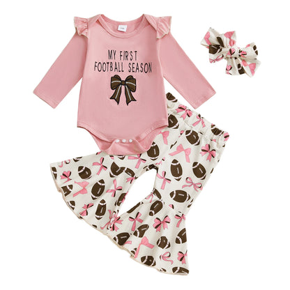 Baby Girl Football Print Romper & Flare Pants – Fall – Toddler Outfit Set
