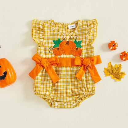 Baby Girl Pumpkin Plaid Romper – Fall/Spring – Infant/Toddler Playsuit