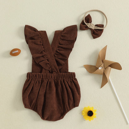 Baby Girl Football Romper & Bow Headband – Fall/Autumn – Sleeveless Outfit Set