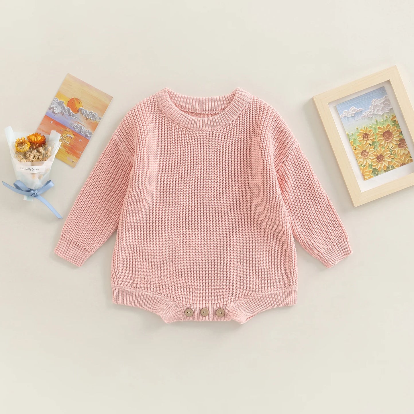 Gender Neutral Baby Toddler Knit Round Neck Long Sleeve Bodysuit