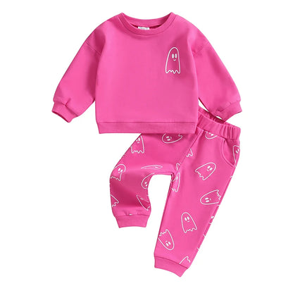 Toddler Girls Boys Fall Outfits Ghost Print Crew Neck Long Sleeve Sweatshirts Long Pants Halloween Outfit