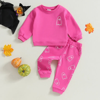 Toddler Girls Boys Fall Outfits Ghost Print Crew Neck Long Sleeve Sweatshirts Long Pants Halloween Outfit