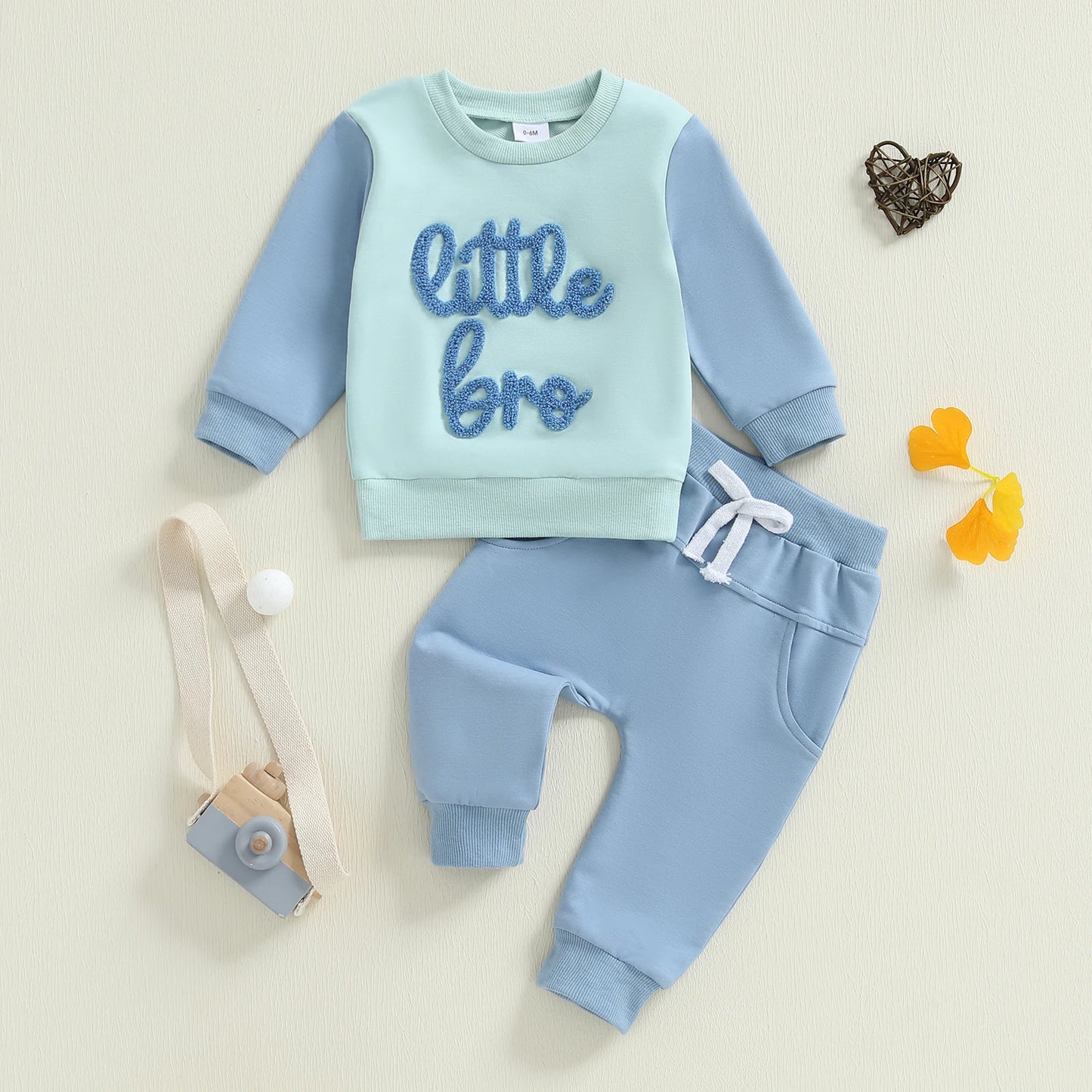 Baby Boy Little Bro Outfit – Fall/Spring – Letter Embroidery Pullover & Solid Pants Set