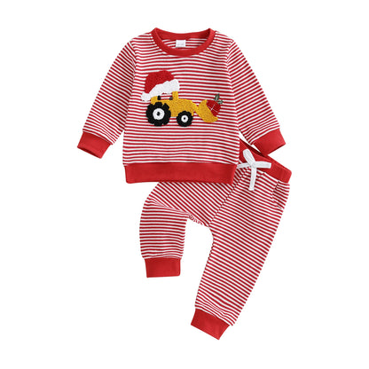 Baby Boy Christmas Tractor Outfit – Fall/Winter – Striped Sweatsuit Set