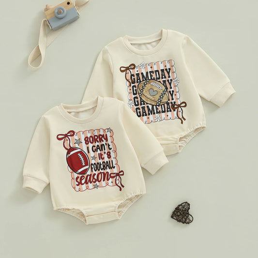Baby Girl Football Game Day Romper – Fall – Long Sleeve Bubble Jumpsuit