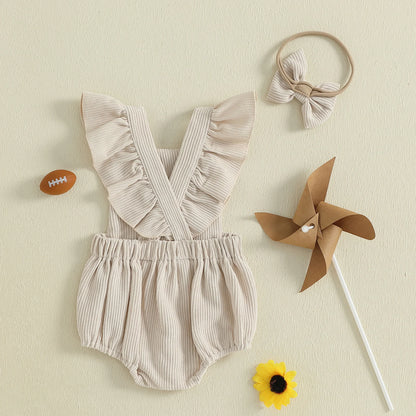 Baby Girl Football Romper & Bow Headband – Fall/Autumn – Sleeveless Outfit Set