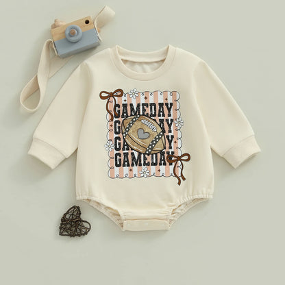 Baby Girl Football Game Day Romper – Fall – Long Sleeve Bubble Jumpsuit
