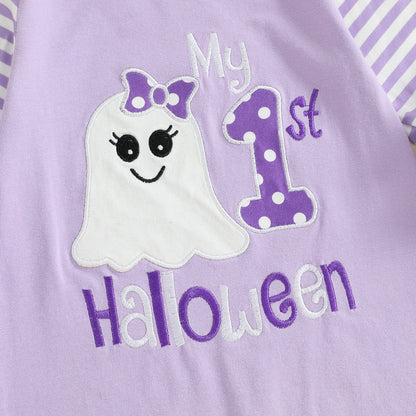 Baby Girl Halloween Outfit Set – Pumpkin & Ghost Embroidery Ruffle Romper with Striped Sleeves + Headband – Infant Toddler Fall Clothes