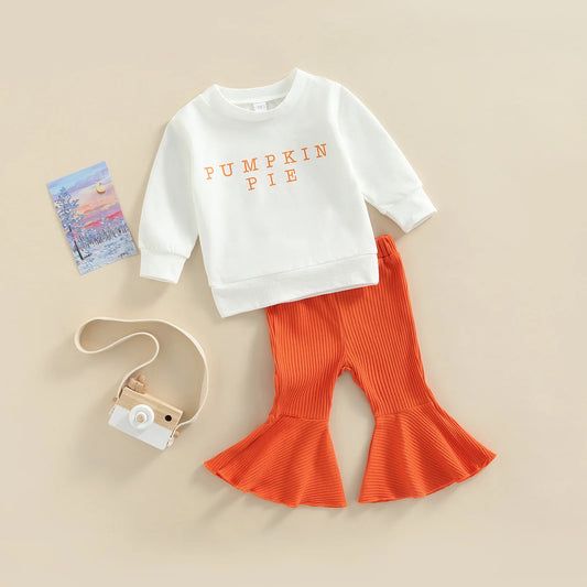 Baby Girl Pants Set Halloween Letters Long Sleeve Sweater Tops High Waist Flared Trousers
