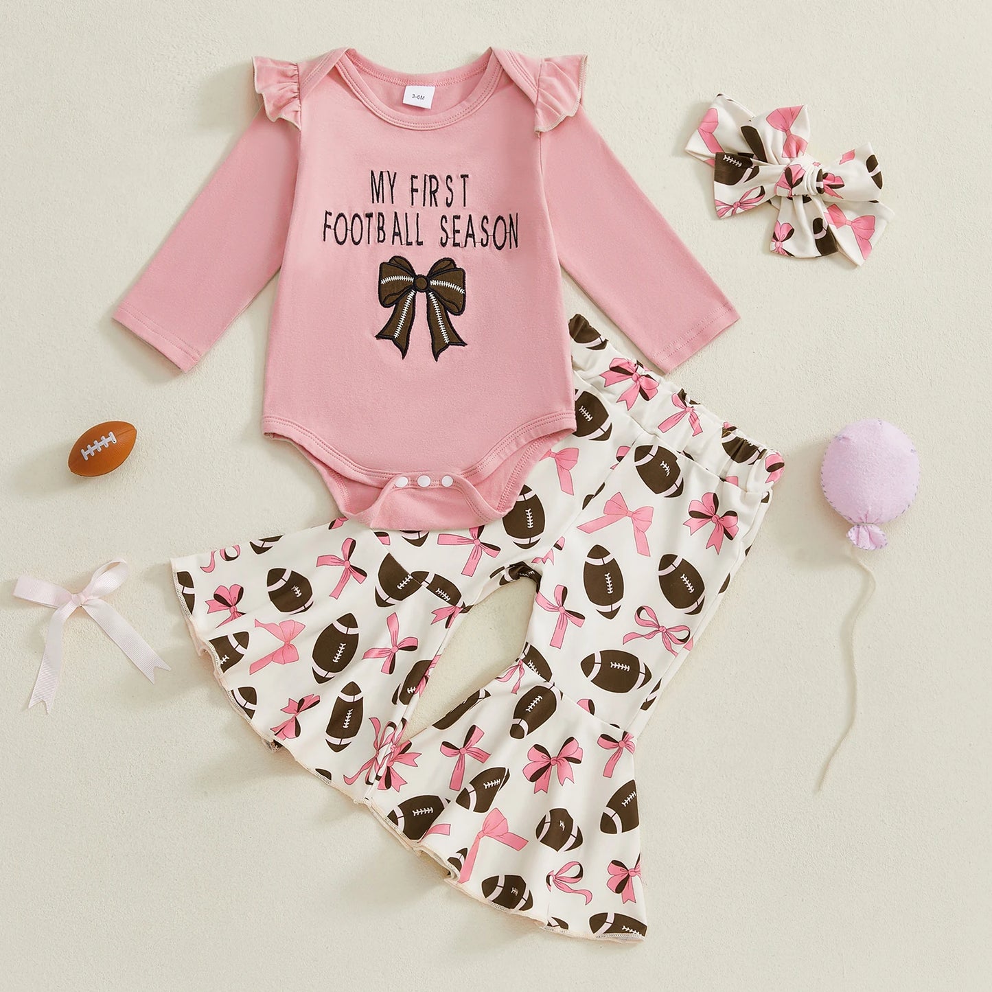 Baby Girl Football Print Romper & Flare Pants – Fall – Toddler Outfit Set