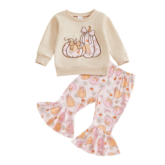 Toddler Girl Fall Pumpkin Outfit - Long Sleeve Top & Ruffle Bell Bottom Pants